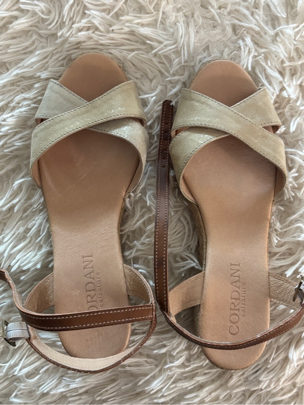 Cordani Gold and Brown Leather Crisscross Sandals - Women's